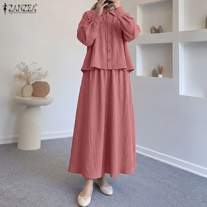 ZANZEA  Dress Sets Women Muslim Sets Two Piece Outfits Long Sleeve Blouse Long Skirt Elegant Solid Color 2PCS Streetwear
