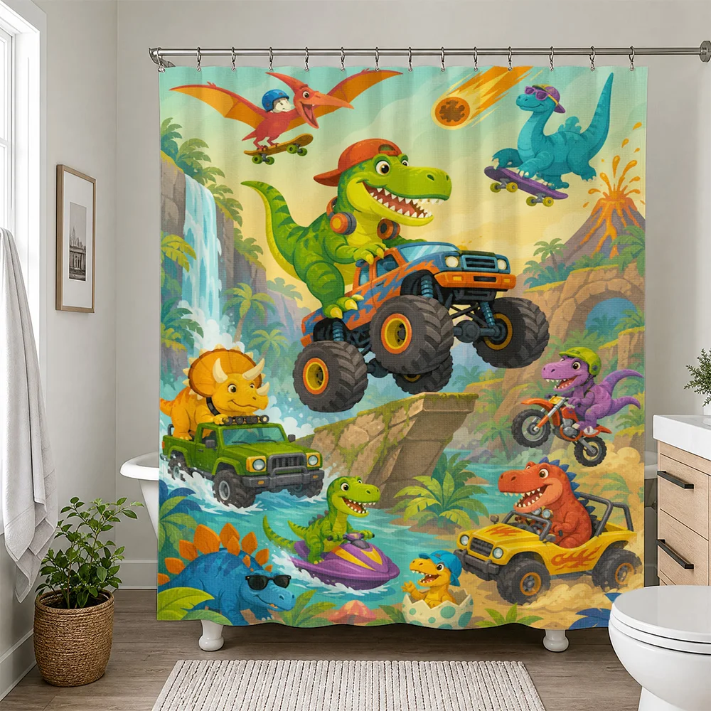 Dinosaur Adventure Shower Curtain Fun Kids Bathroom Decor Cartoon Jungle Theme Bright Colors