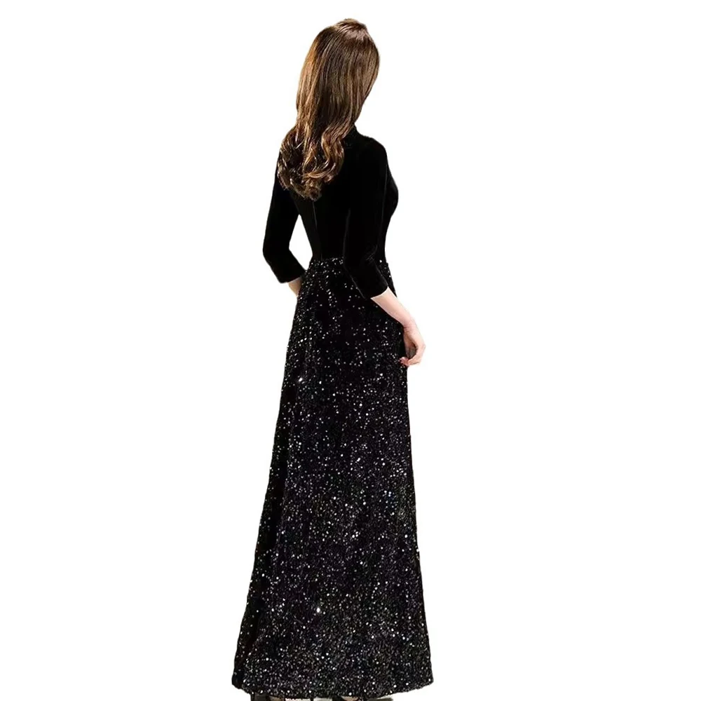 فستان سهرة أسود أنيق للنساء لخريف وشتاء على شكل حرف v نصف ياقة مرقعة مخملية ترتر على شكل حرف a فستان حفلات للحفلات