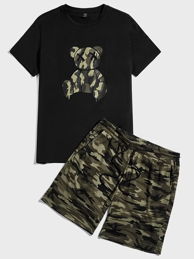 Conjunto de shorts e top de manga curta masculino, camiseta casual, moda de rua, estampado camuflado, todos os dias, estampa urso, verão