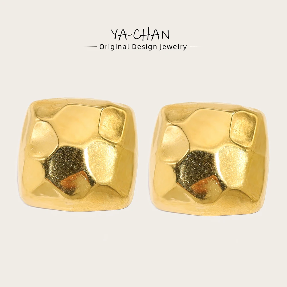 YACHAN Statement Stainless Steel Stud Earrings for Women Irregular Metal Hammered 18K Gold Plated Jewelry