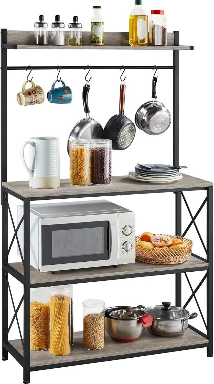 

Kitchen Bakers Rack, Microwave Oven Stand Freestanding Utility with 5 Hooks, 36.5" Width Coffee Station Kitchen Organizer