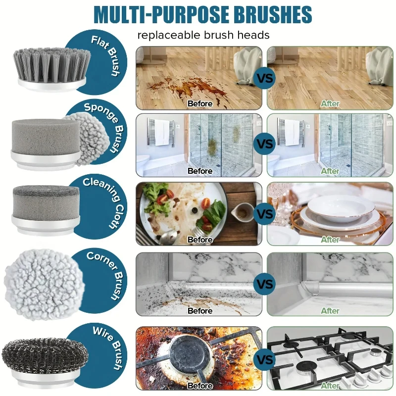 Wireless Electric Spin Brush Cleaner with 5 Replaceable Heads, Rotating Deep Cleaning Tool for Household Surfaces