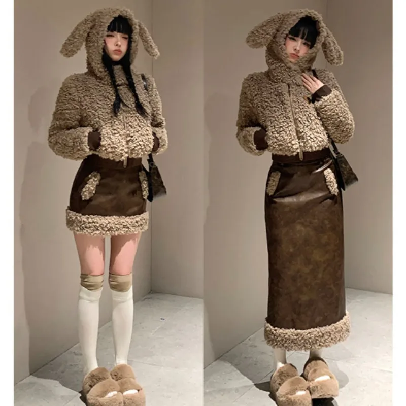 Autumn Winter Korean Vintage Fashion Y2k Kawaii Rabbit Ears Plush Jacket Short Coat and Sweet Sexy Plush Skirt Suits Streetwear