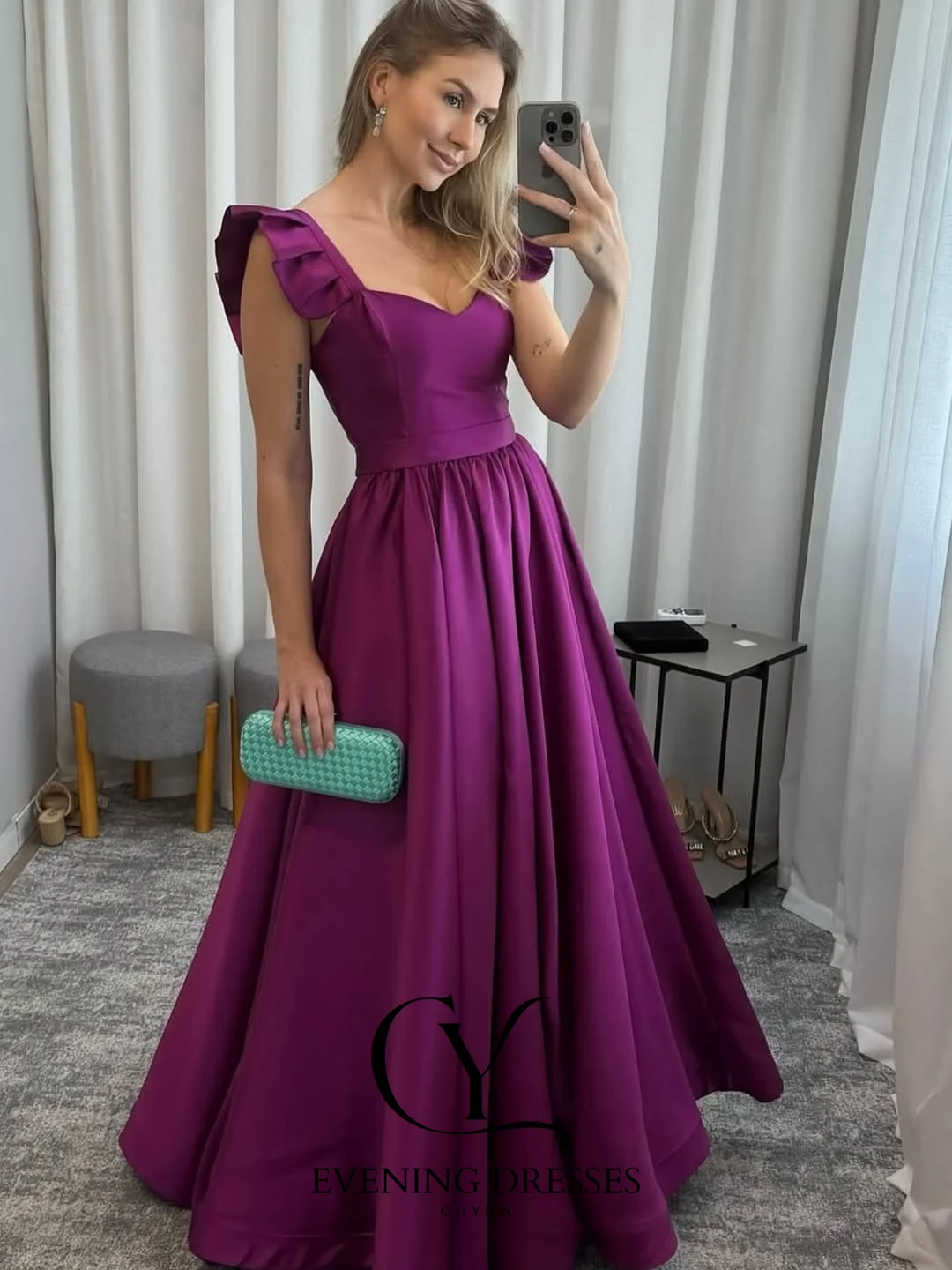 CUYUN темно-фиолетовое вечернее платье с рюшами и рукавами, атласное женское элегантное вечернее платье трапециевидной формы, платья для выпускного вечера по индивидуальному заказу для женщин