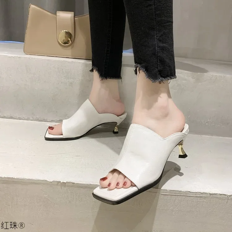 Fashion Brand Designer Women Slipper Square Toe Outdoor Summer Sandals Slippers Ladies Elegant High Heel Dress Slides Shoesjki98