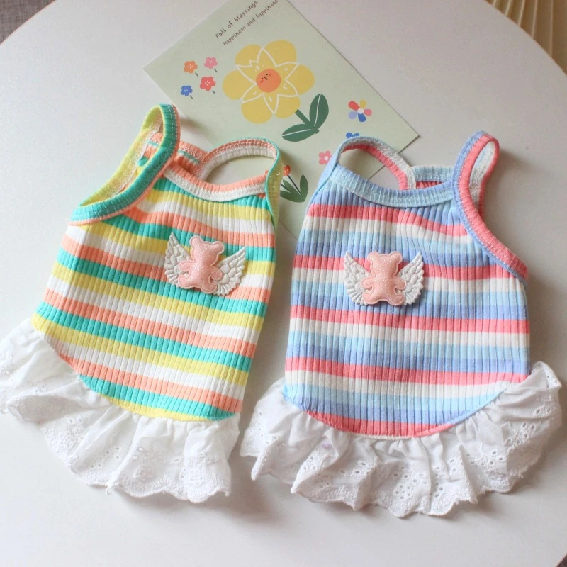 Floral Stripes Fancy Summer Puppy Dresses New Design Rainbow Color Vest Dresses Pet T Shirt Medium Dog Hollow Lace Cat Clothing