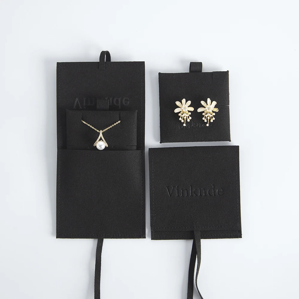 

Custom Logo Luxury Black Suede Microfiber Gift Pouch With Insert Earrings Display Cards Debossed Envelope Jewelry Packaging Bags