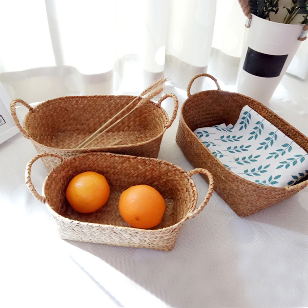 

Straw Storage Box Hand-Woven Grass Basket Family Picnic Fruit Snack Organizer Eco-Friendly Coffee Table Holder Rattan Bread
