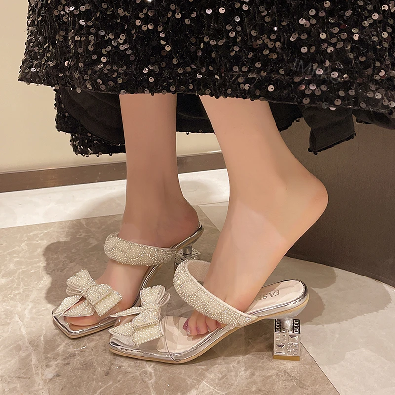 Women Slippers Gold Color Outdoor Soft Rhinestone Woman Sandals Thick Sole Ladies Shoes Pumps Heeled Sandal Female Size 43 Mules