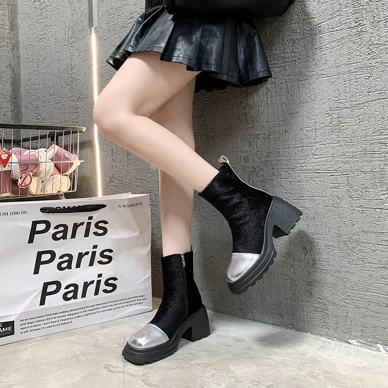 Thick-soled Round-toe Cigar Boots Women\'s High-heel Wide-step Short Boots Mid-calf Thick-soled Slim Arrival Autumn/winter