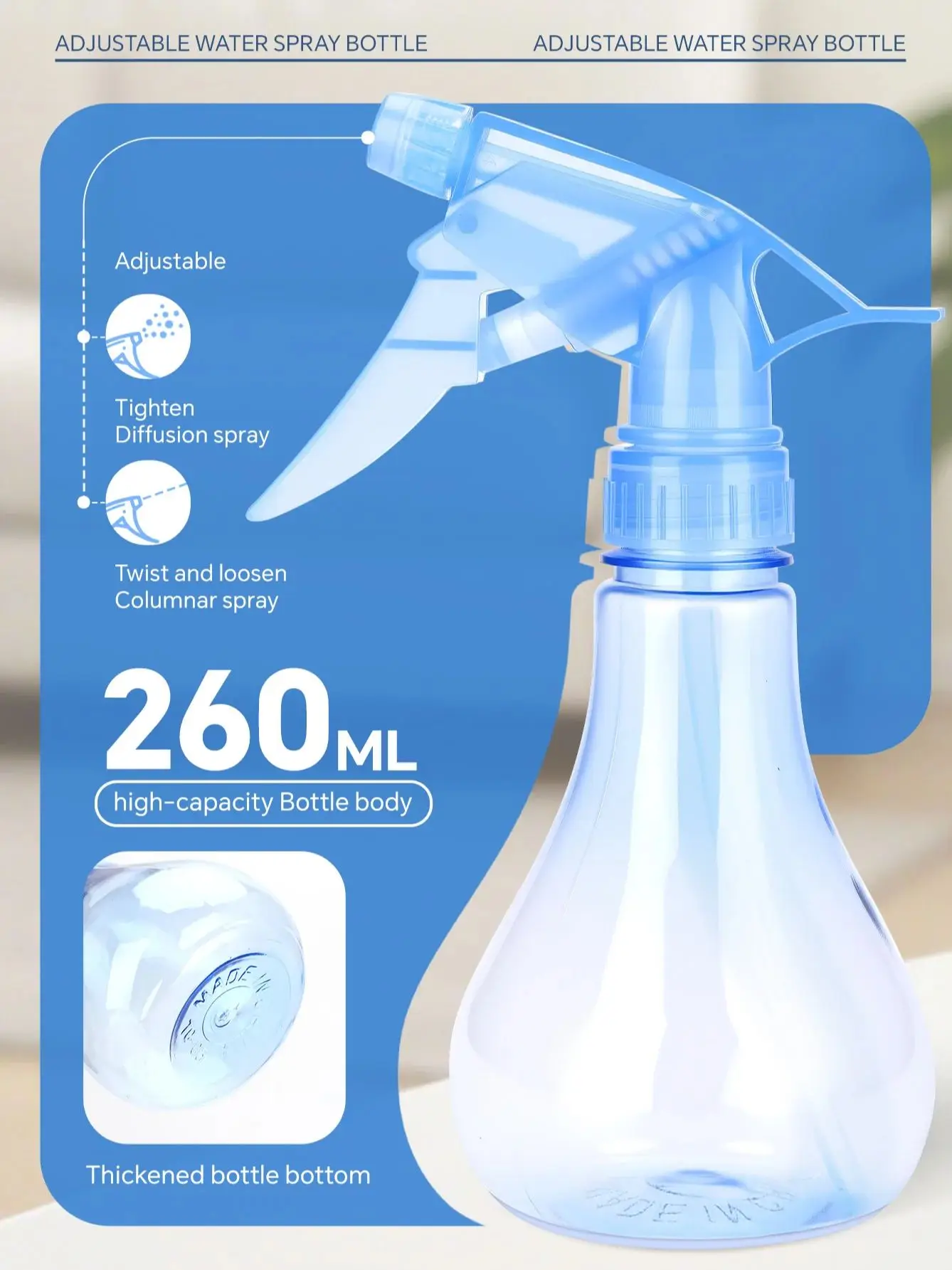 

260ML Blue Plastic Spray Bottles - Water Spray Bottle for Hair, Gardening Cleaning Solution - Leak Proof - Empty Spray Bottles