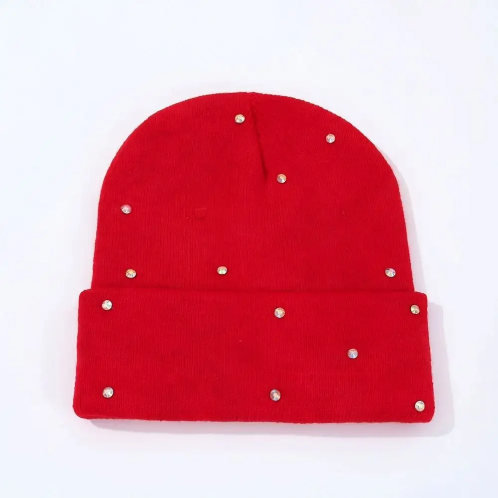 Womens Knit Beanie Hat Winter Warm Cap Snowflake Rhinestone Decor Soft Elastic Comfortable Daily Outdoor Windproof Hat