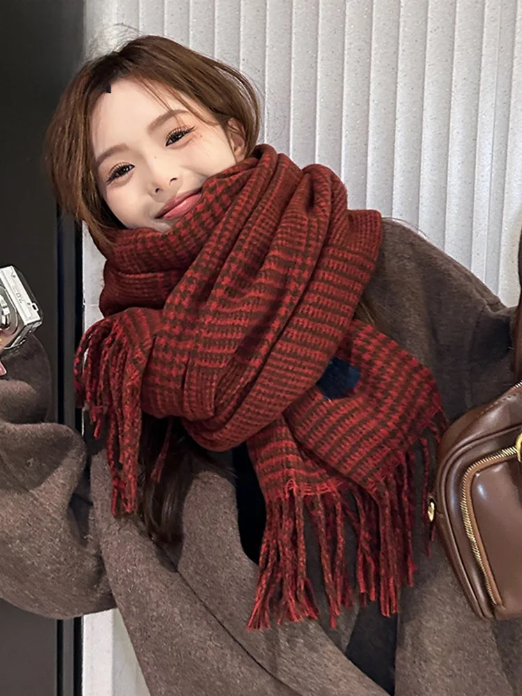 Echarpe-polyvalente-haut-de-gamme-pour-femme-canary-kiss-camere-motif-feifei-a-carreaux-chaude-style-coreen-avec-pompon-pour-l'hiver