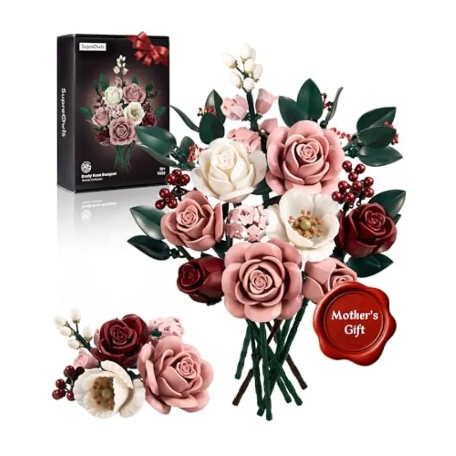 

Pink Roses Flower Bouquet Building Set, Artificial Flowers Botanical Collection Kit for Adults Women and Men - Gift for Mothers