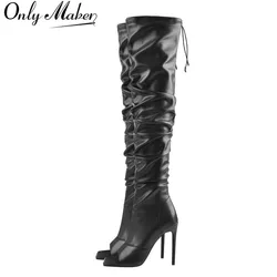 Onlymaker Women Peep Toe Black Matte Over The Knee Boots Concise Fashion Stiletto High Heel Zipper Boots