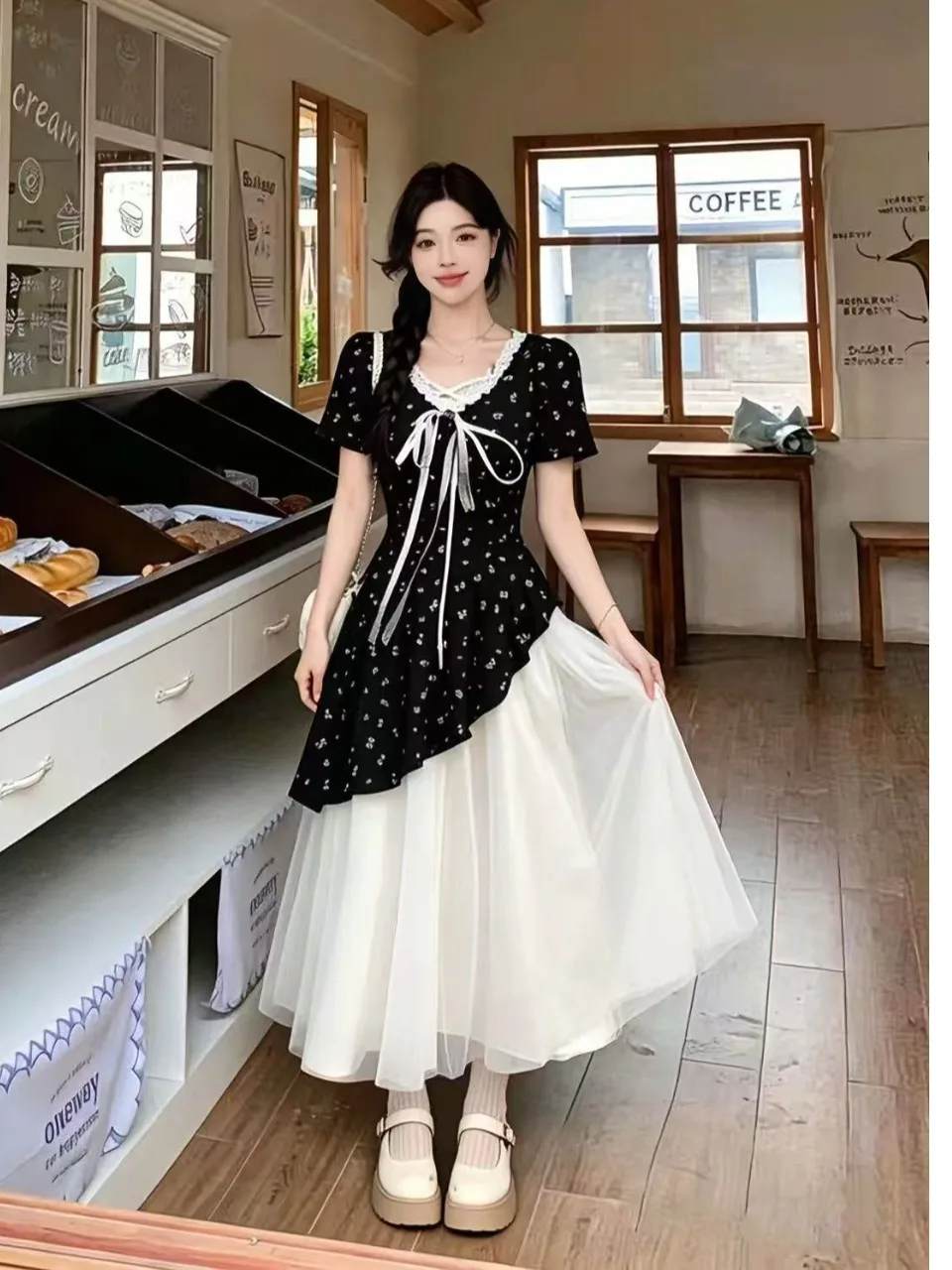 

plus Size Women's Vintage Lace Knot Floral Dress Summer New Waist Cinching Long Skirt Korean Style Commute Wind