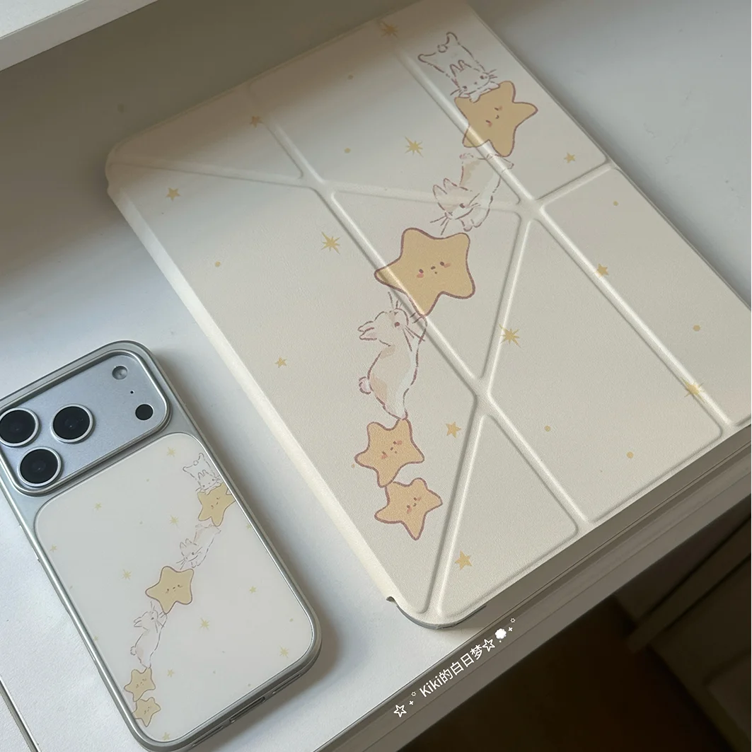 Korean Ins Cute Flying Rabbit Star Y2K Cover For iPad Pro 13 11th M5 M4 12.9 A16 10 8 7 9th 10th Air 11 M2 M3 Mini Tablet Case
