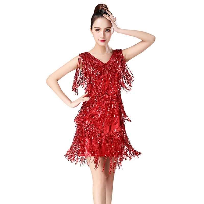 Temperament Latin Dance Dress Sleeveless Sequins Sparkle Bodycon Latin Dancewear 360-Degree Surround Glitter Tassel Dress