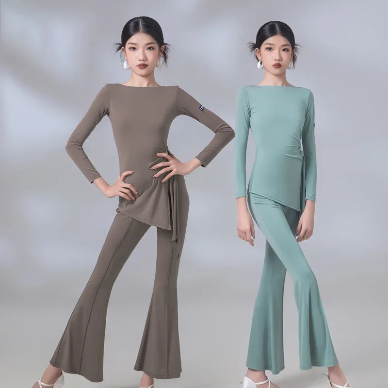 

2025 Kids Latin Dance Costume Girl's Samba Cha Cha Dancing Practice Clothes Tango Waltz Long Sleeves Tops Pants Split Set