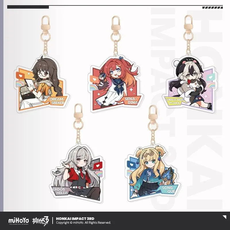 Honkai Impact 3 KeyChain Men Tea Party Key Chain Women Senadina Acrylic Key Ring Coralie Pendant Party Charm Friend Gift Helia