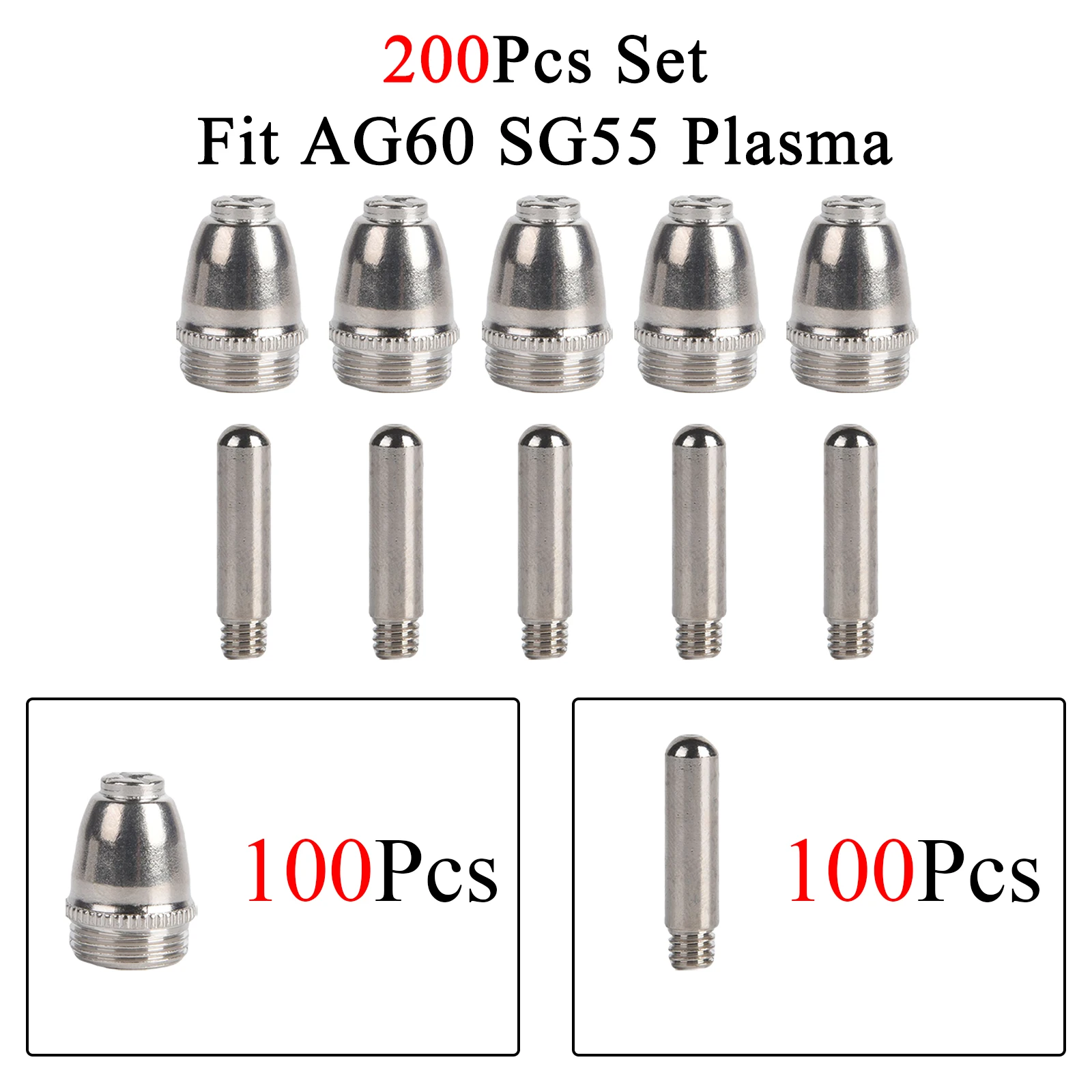 

200Pcs Plasma Cutter Torch Consumables Nozzle/Tip Electrode Kit Fit SG-55 AG-60 40/50/78 Amp