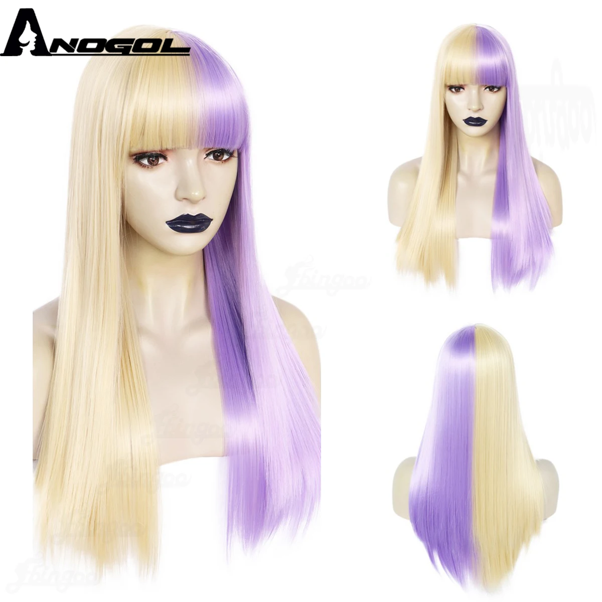 

Anogol Synthetic Hair Long Straight Half Blonde Purple Colorful Wigs With Bangs Full Machine Made Cosplay Wig