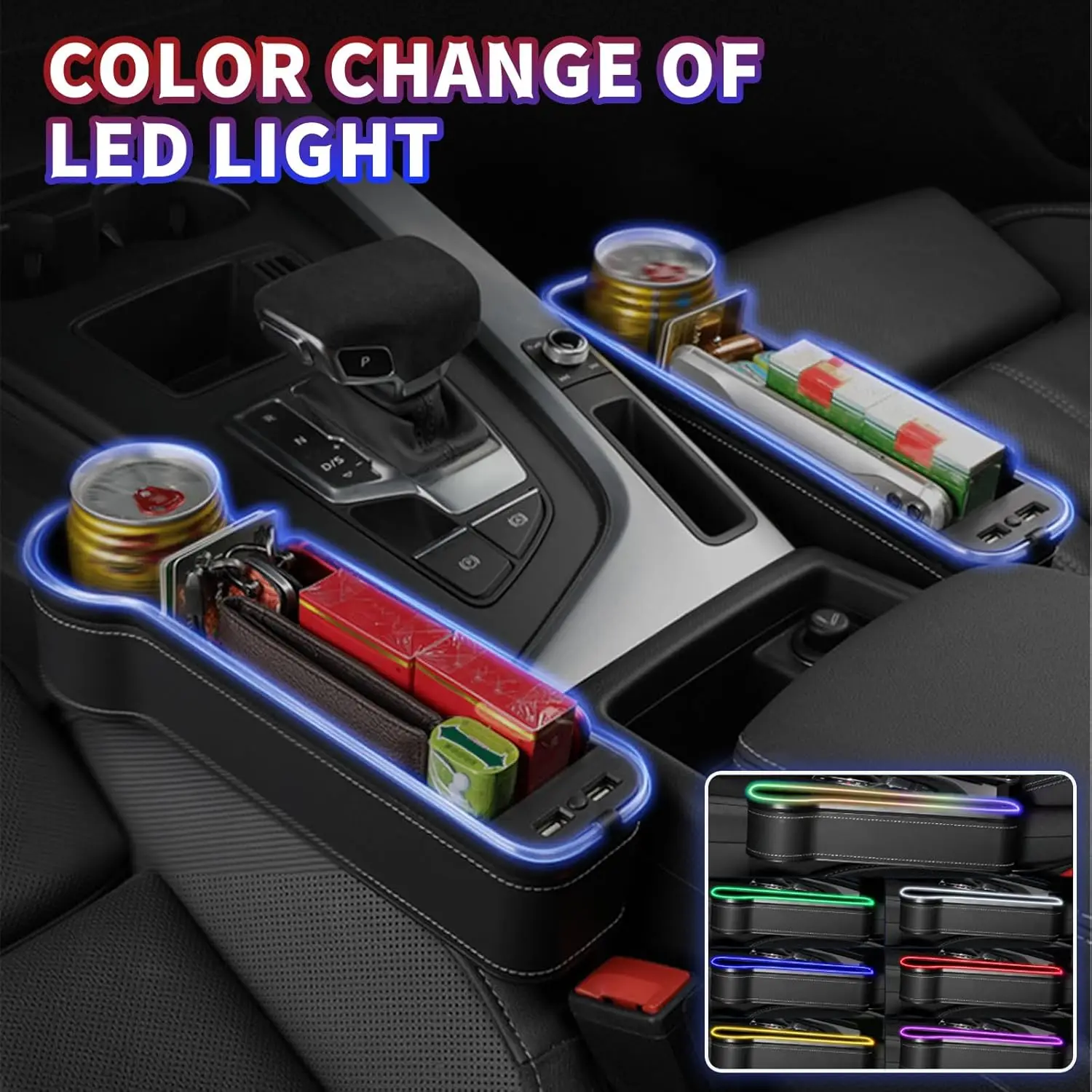 Color Changing LED Car Seat Gap Filler Organizers Console Side Storage Box with Cup Holders USB Chargers