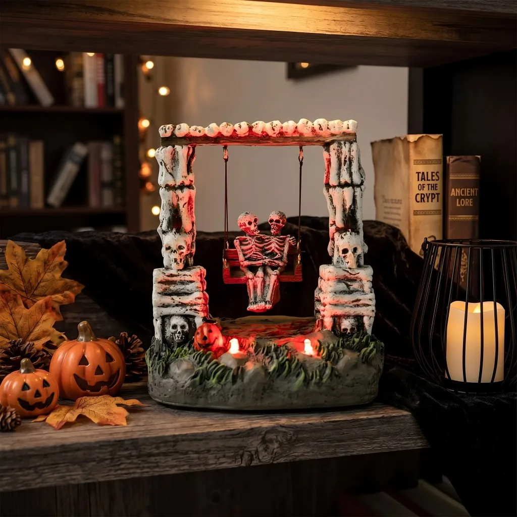 Halloween Decor Swinging Skeleton Couple Figurine, LED Light Up Spooky Village Statue, Animated Ghost Festival Tabletop Ornament