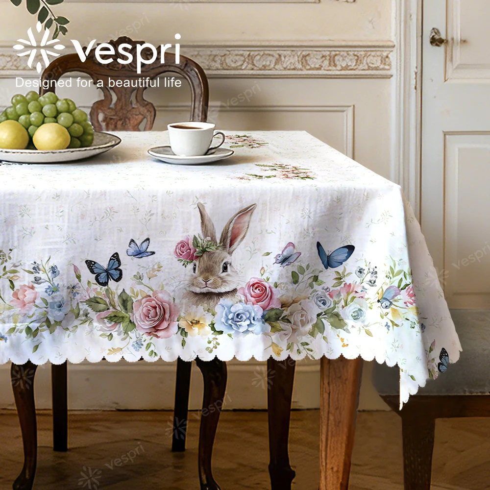 Vespri Oster-Tischdecke, weiß, grün, Kaninchen, Schmetterling, Blumenmuster, Polyester-Dekortuch für runde, rechteckige, ovale Tische