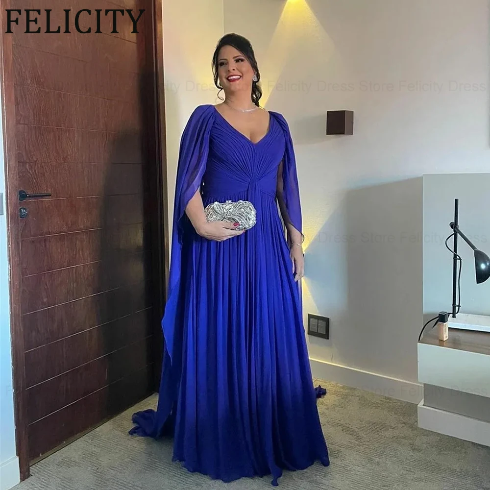 

Long Blue V-Neck Chiffon Beaded Plus Size Mother of the Brides Dresses A-Line Pleated Floor Length Godmother Dress With Cape