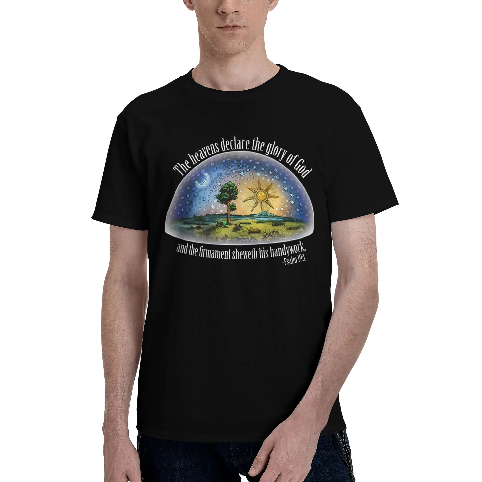 Flat Earth - Psalm 19 1 (The Firmament) Black V-Neck Reversible T-shirt Retro Street Shirt