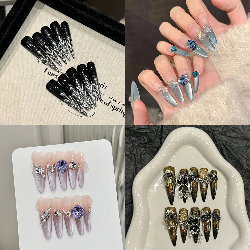 

10 шт. длинных овальных накладных ногтей «Французский кошачий глаз» с аквамариновыми стразами, роскошные накладные типсы с тиснением в виде роз и бабочек для маникюра