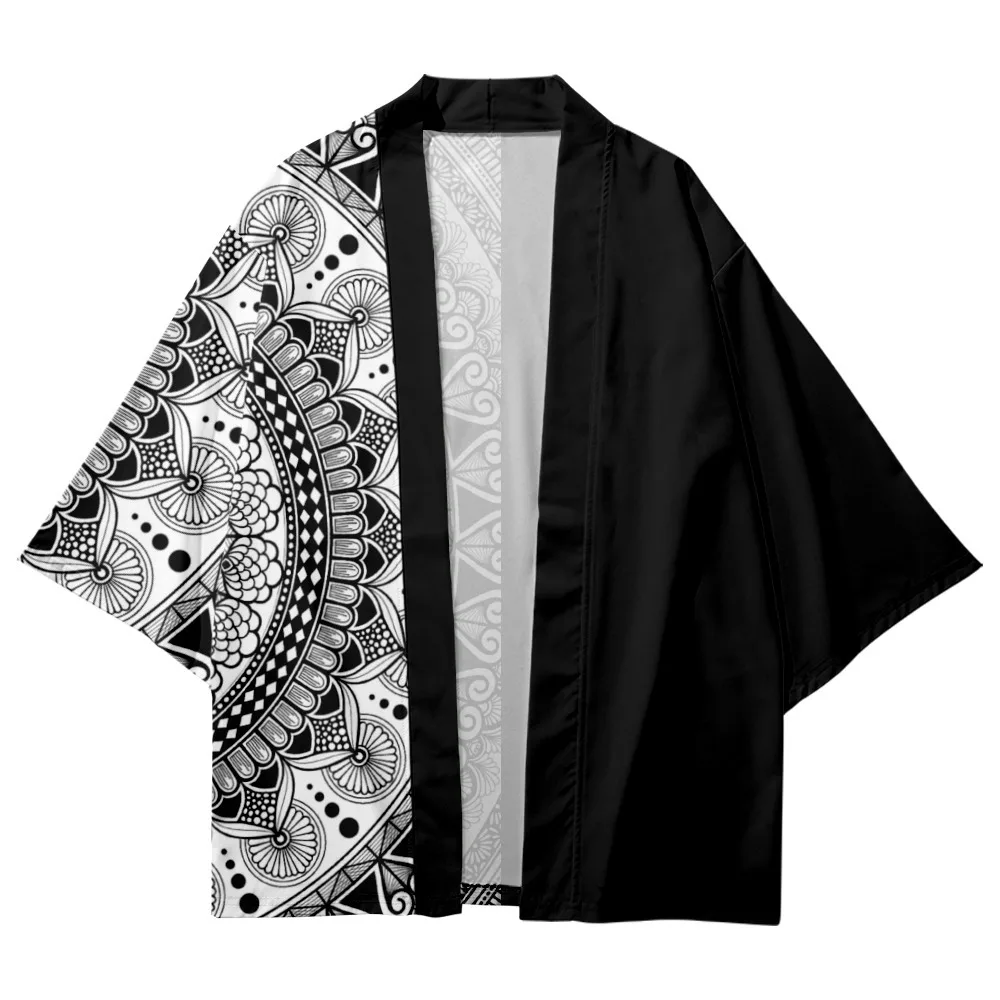 Fashion Geometry Printed Black Couple Women Men Japanese Kimono Cardigan Beach Shorts Harajuku Casual Loose Streetwear