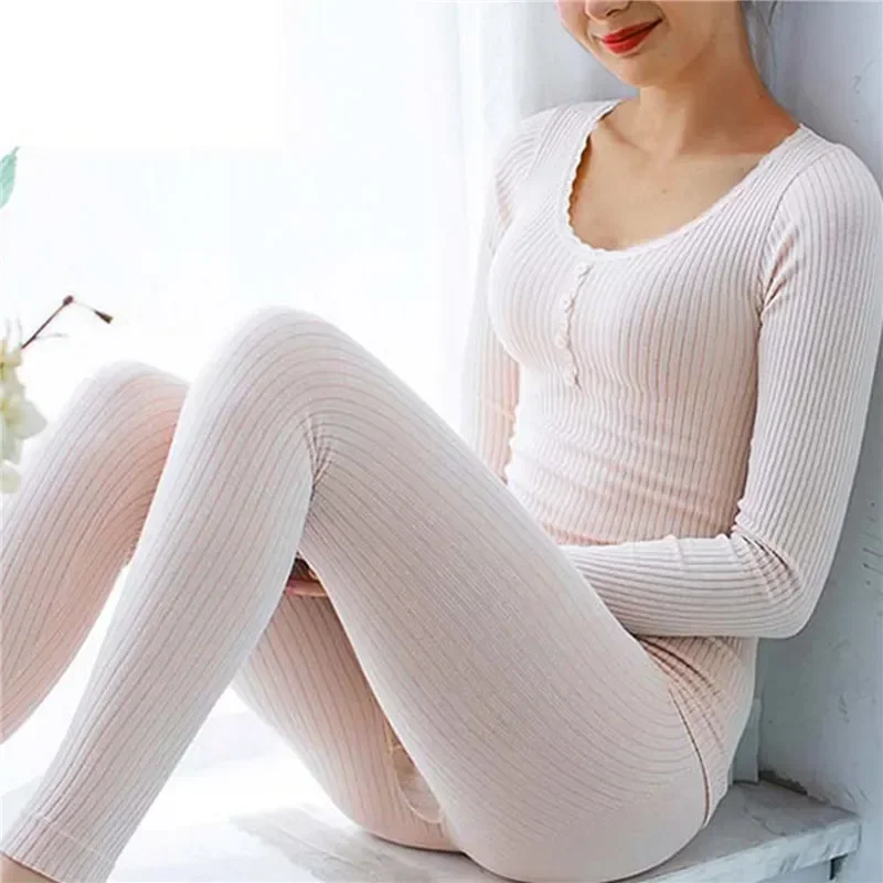 Seamless Women Thermal Underwear Long Sleeve Bottoming Top Long Johns Sleepwear 2pcs Set Winter Antibacterial Warm Clothing Suit