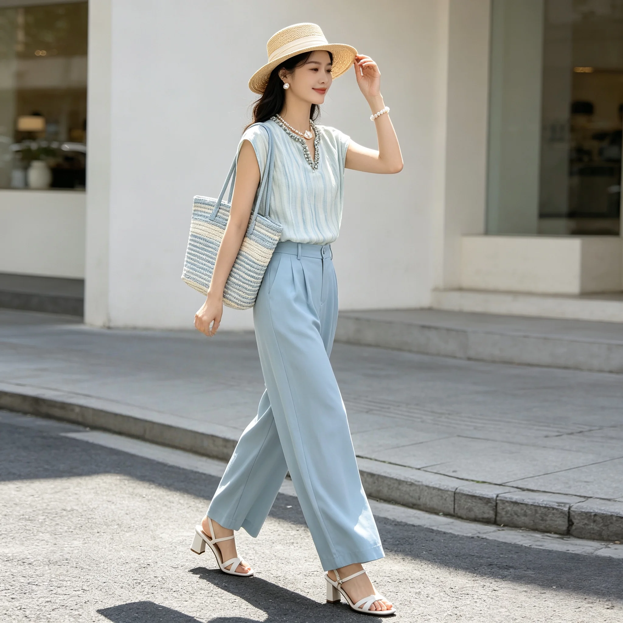 Women Summer Gradient Vertical Stripe Rhinestone Neck Blouse
