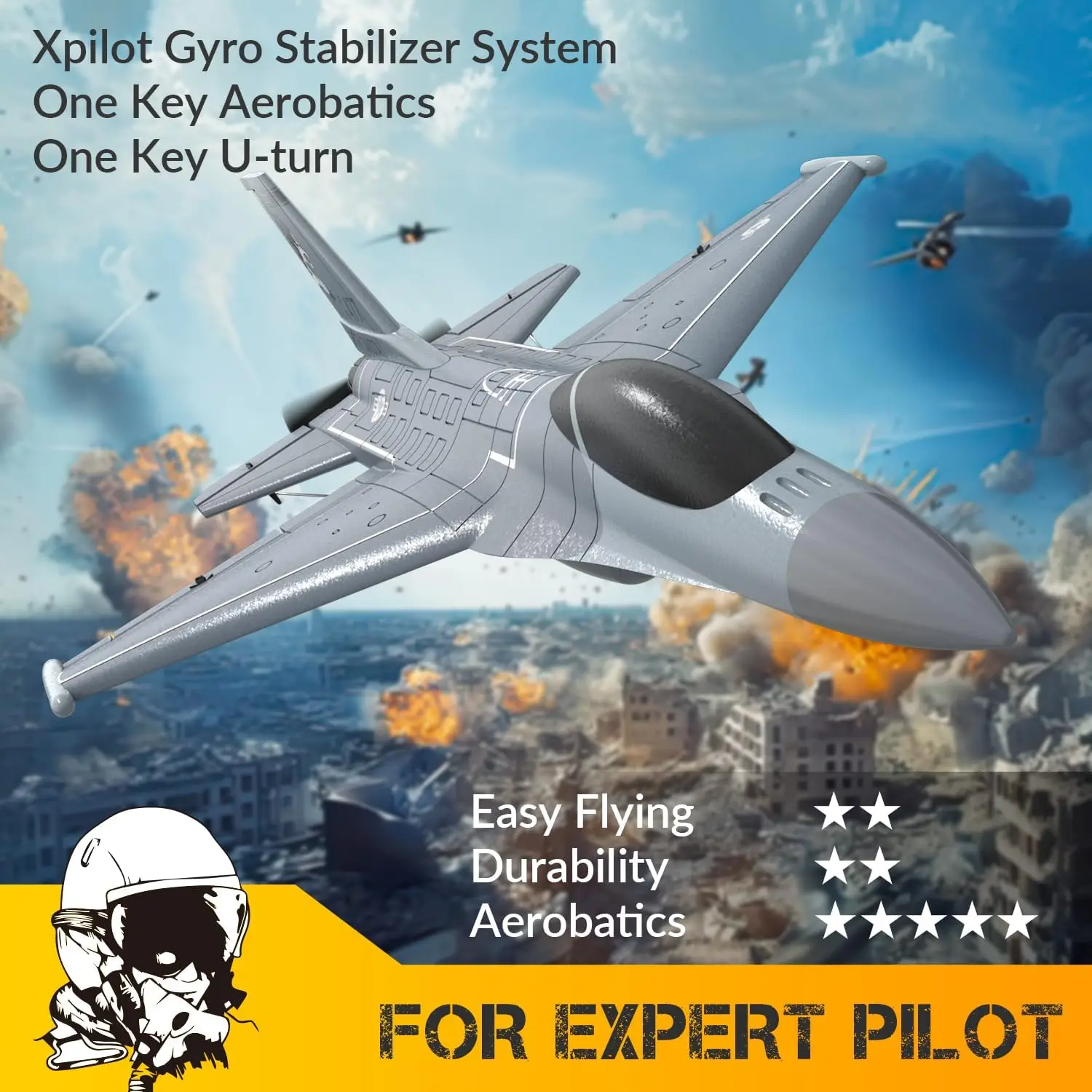 Ready-to-Fly 4-Channel 2.4GHz F-16 Fighting Falcon Jet RC Airplane with Stabilization System, One-Key Aerobatic Function, Perfect for Adults (Gray)