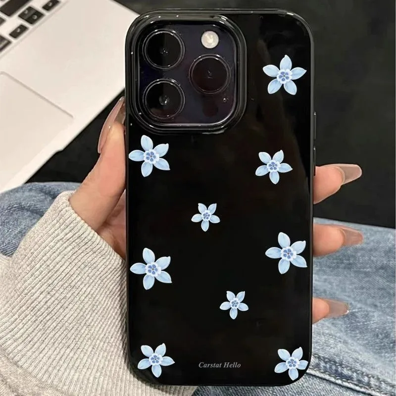 Black Blue Small Daisy Flower Phone Case For iPhone 17 16 15 14 Plus 13 12 11 Pro MAX 17 Air Cute Minimalist Black Glossy Cover