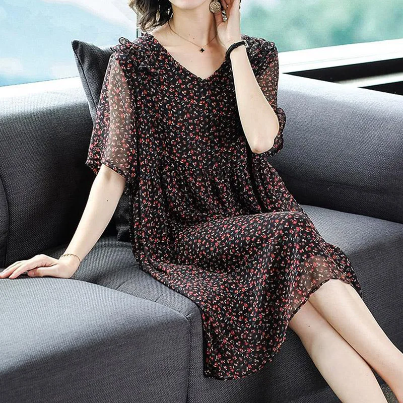 Thời Trang Thanh Lịch Hoa In Ruffles Voan Váy Mùa Hè 2022 Ngắn Tay Áo V-Cổ Áo Thun Lỏng Midi Dress Phụ Nữ Quần Áo