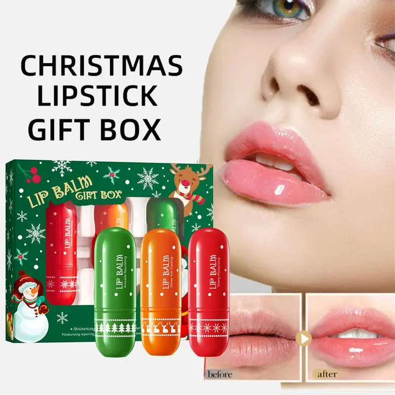 3Pcs Christmas Lip Balm Moisturizing Lipstick Base Moisturizer Makeup Natural Plant Anti-Cracking Lip Skin Care Lip Balm Set