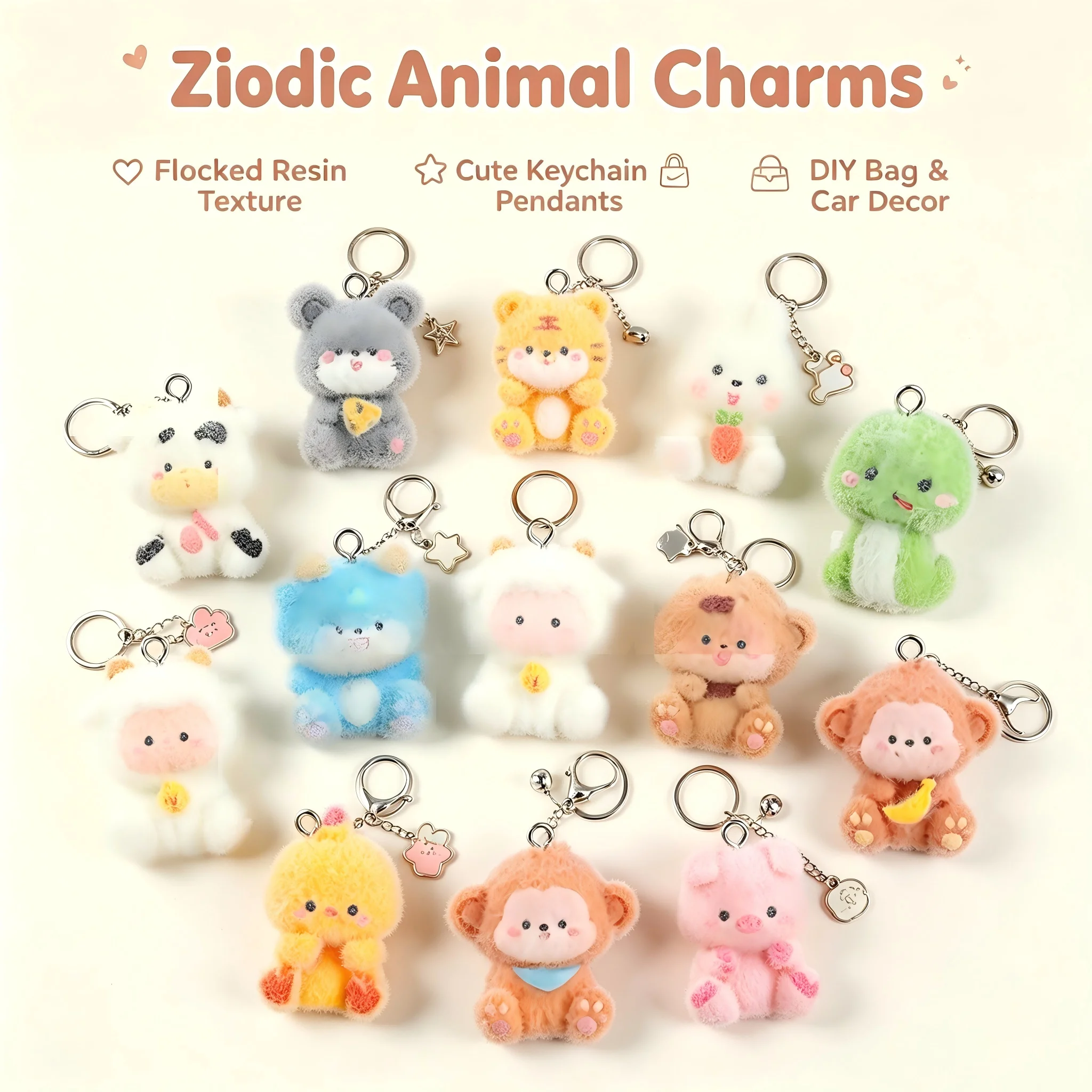5Pcs Flocked Resin 12 Zodiac Animal Charms, Random Cartoon Fuzzy Mini Zodiac Pendants For Jewelry Making DIY Keychain,Bag Charms