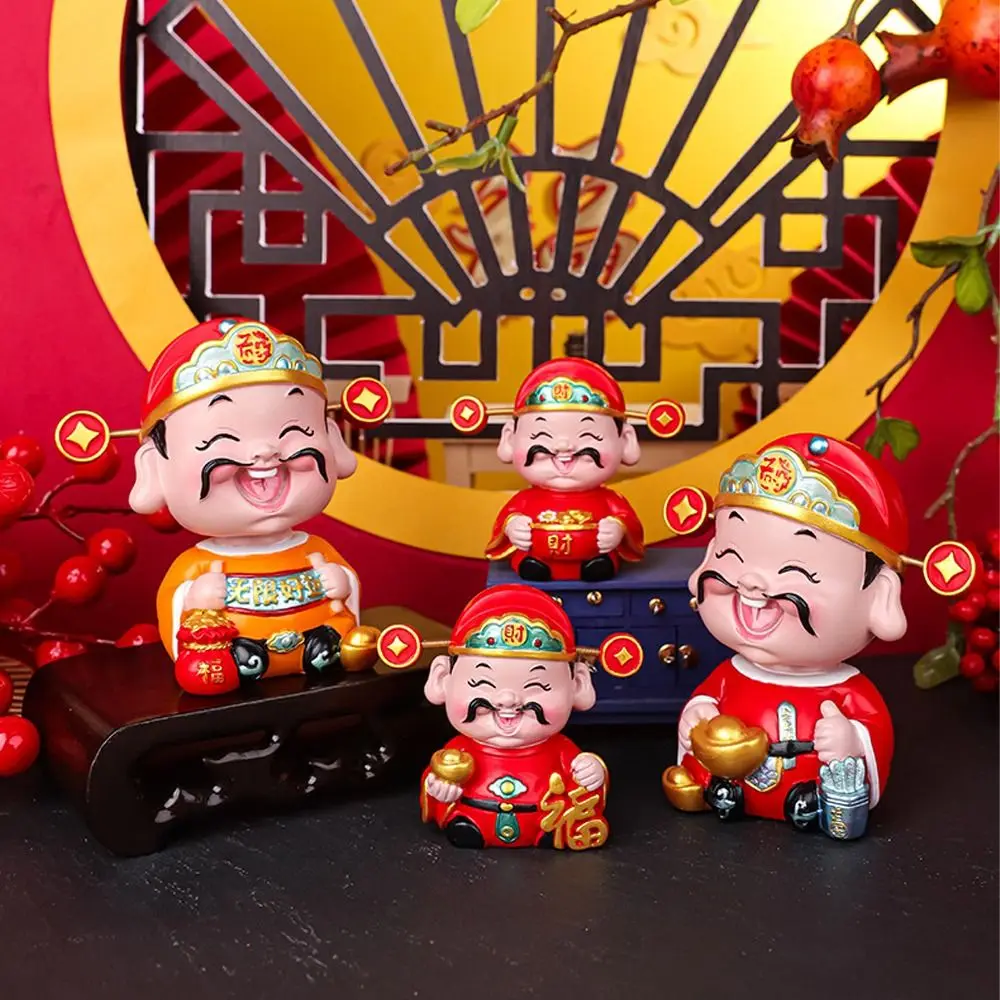 Cartoon Chinese God of Wealth Figurine Blessing Mini God of Fortune Figurine Resin Lucky New Year Statue Desktop Car Ornament