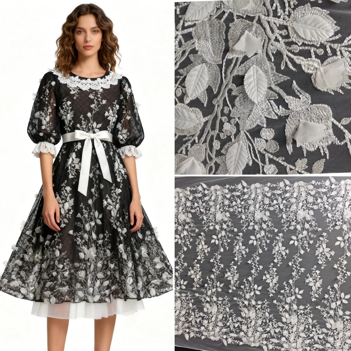 

Raw White wedding dress headscarf flower leaves embroidered fabric skirt handmade DIY curtains tablecloths lace