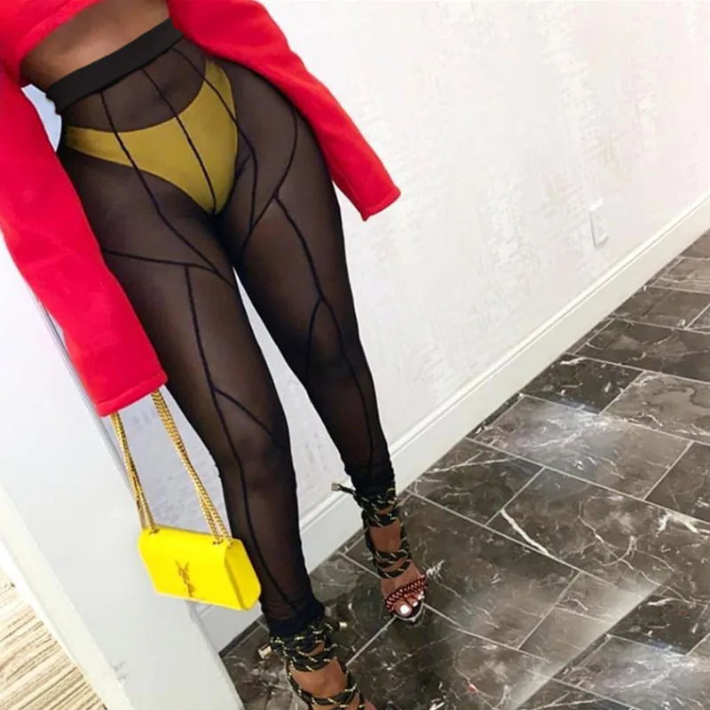 Sexy Mesh Sheer Body-shaping Leggings Women High Waist Patchwork Thin Tights Clubwear Party Fashion Baddie Style Trousers Y2K