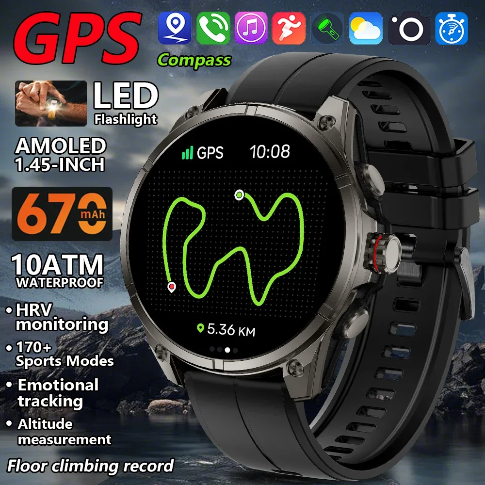 

New Military Grade Smartwatch Man GPS Tracker Compass Altimeter Clock 1.43" AMOLED Waterproof Sport Fitness BT Call Smart Watch