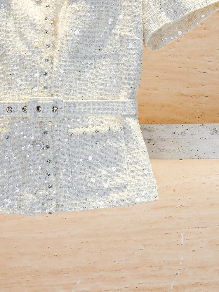 Angxia الثقيلة Embellied الترتر ساحة طوق مفتوح سترة ملابس خارجية Ele Sle فضفاضة تناسب ort Sve زر إغلاق