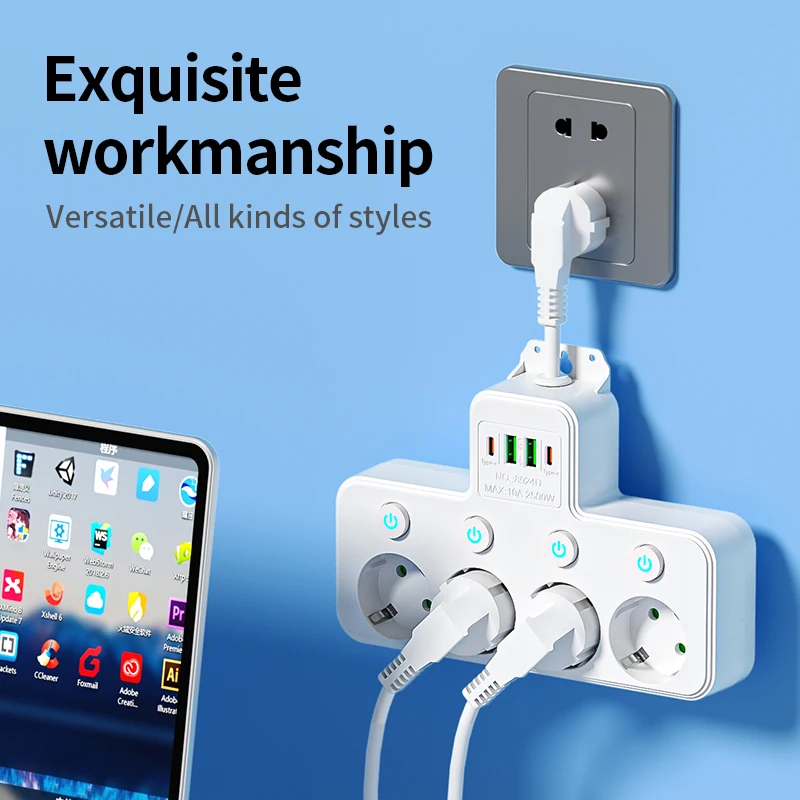 A power socket with flexible short wires designed for a master control switch, featuring 4 AC sockets, with or without USB ports