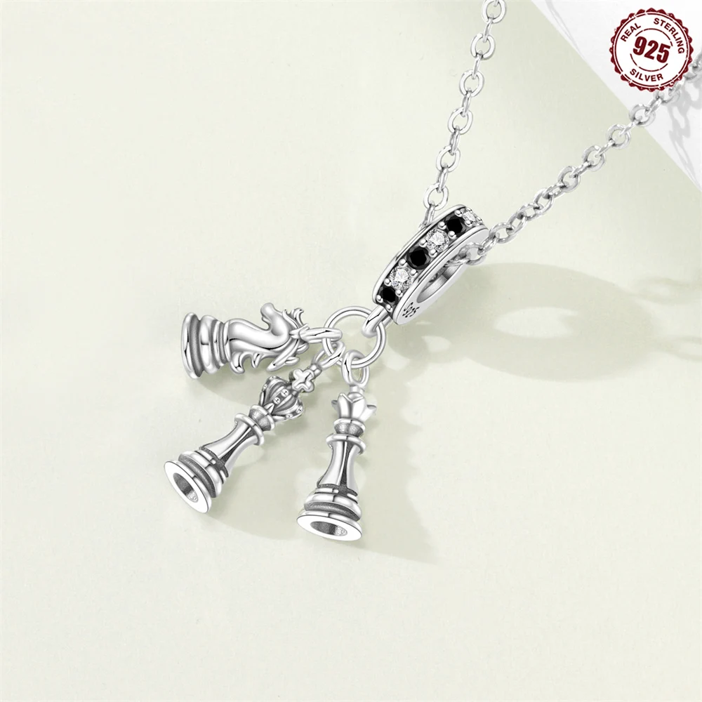 925 Sterling Silver Chess Pieces Dangle Charm Knight Chessboard Bead Symbol of Wisdom & Strategy Fit Bracelet DIY Jewelry Gift