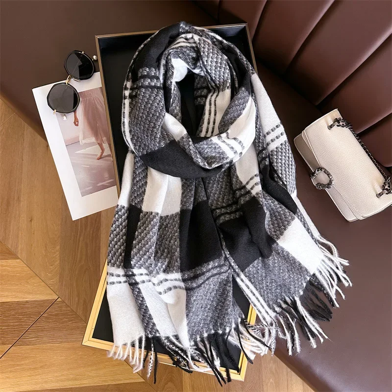 New Cashmere Imitation Fashion Cell Hijabs Scarf Women Men Autumn Winter Tassel Warm Neckerchief Wraps Unisex Long Shawl Scarves