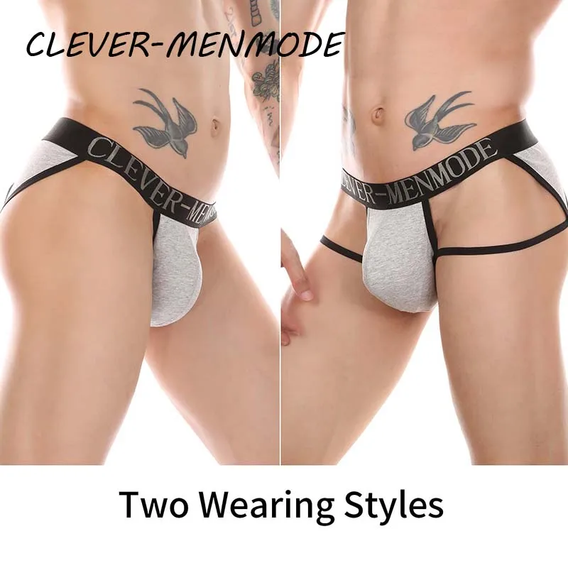 CLEVER-MENMODE Men\'s Sexy Cotton Thong Open Buttocks Mankini Crotch Panties Men Crossover Strapless Raised Underwear